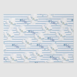 White Blue Floral Eucalyptus Stripes Tissue Paper