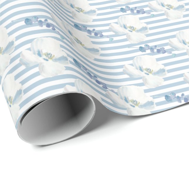 White Blue Floral Eucalyptus Stripes Wrapping Paper (Roll Corner)