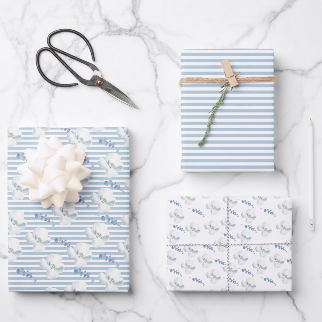 White Blue Floral Eucalyptus Stripes Wrapping Paper Sheet (Front)