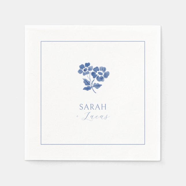 White |  Blue Floral Folded Thank You Wedding Napkin (Front)