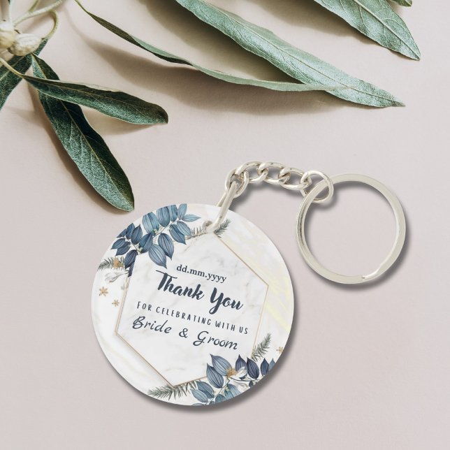 White Blue Floral Frame Thank You Wedding Favours Keychain (Creator Uploaded)