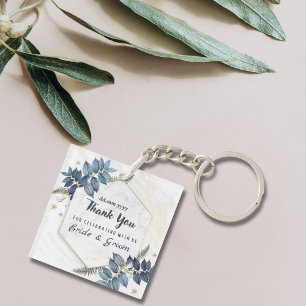 White Blue Floral Frame Thank You Wedding Favours Keychain