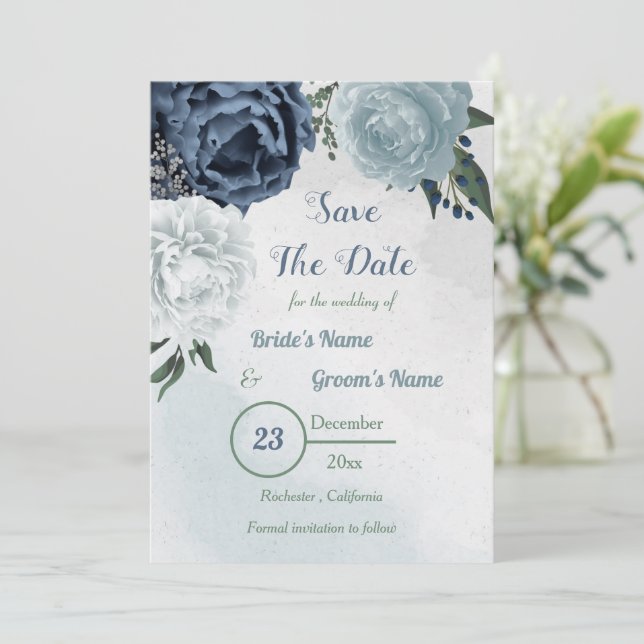 white & blue floral greenery  save the date (Standing Front)
