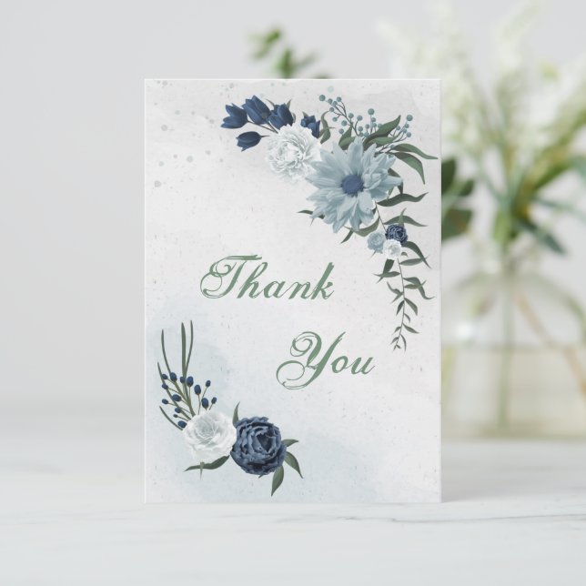 white & blue floral greenery thank you card (Standing Front)