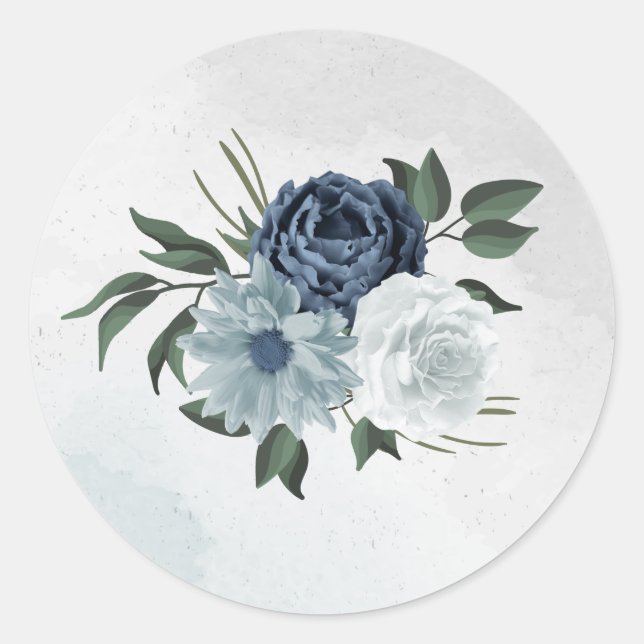 white & blue floral greenery wedding  classic round sticker (Front)