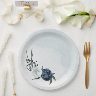 white & blue floral greenery wedding paper plate