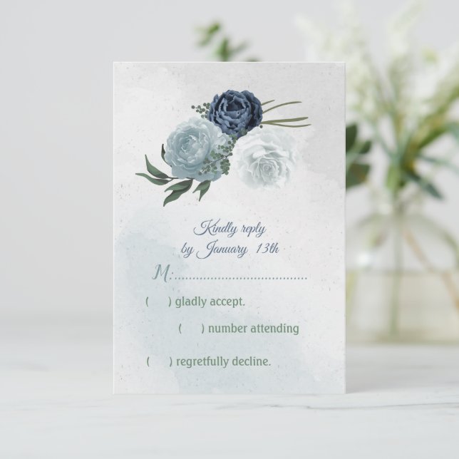 white & blue floral greenery wedding RSVP card (Standing Front)