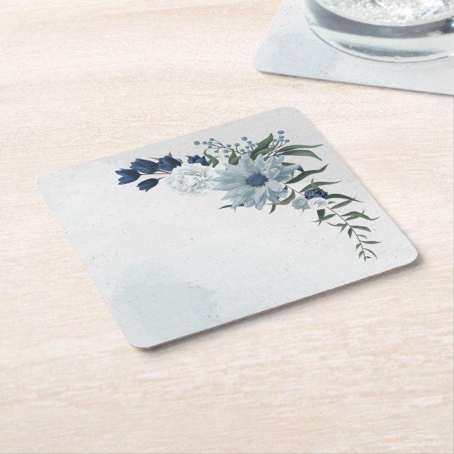 white & blue floral greenery wedding square paper coaster (Angled)