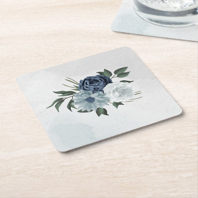 white & blue floral greenery wedding square paper coaster (Angled)