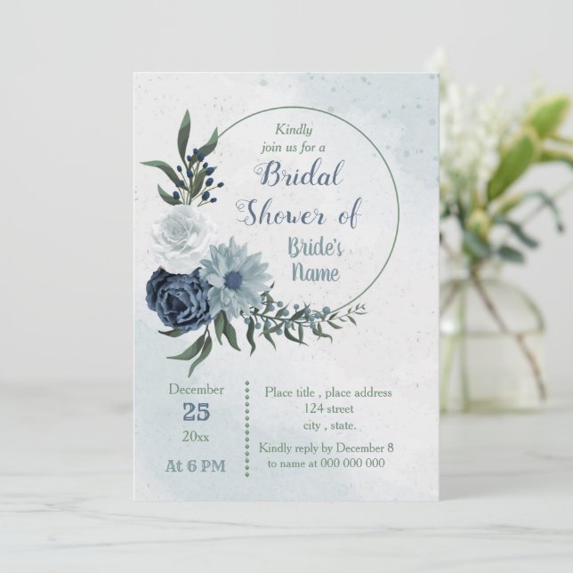 white & blue floral greenery wreath bridal shower invitation (Standing Front)