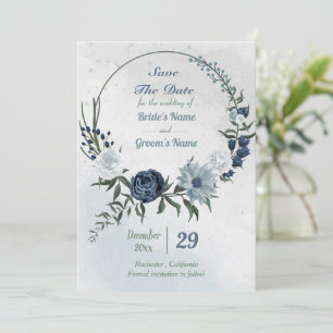 white & blue floral greenery wreath save the date