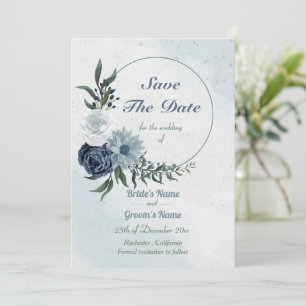 white & blue floral greenery wreath save the date