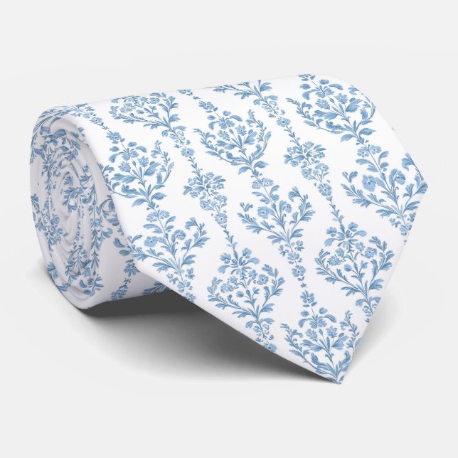 White blue floral pattern neck tie (Rolled)
