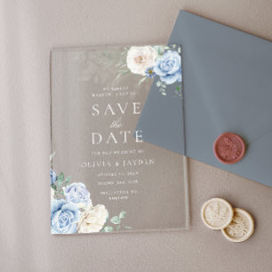 White & Blue Floral Wedding Save The Date Acrylic Invitations