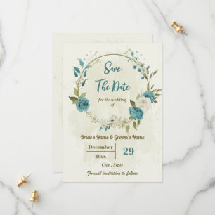 white &amp; blue flowers botanical wedding save the date