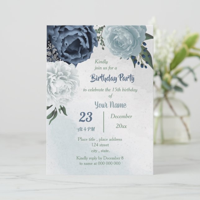 white blue flowers greenery birthday party invitation (Standing Front)