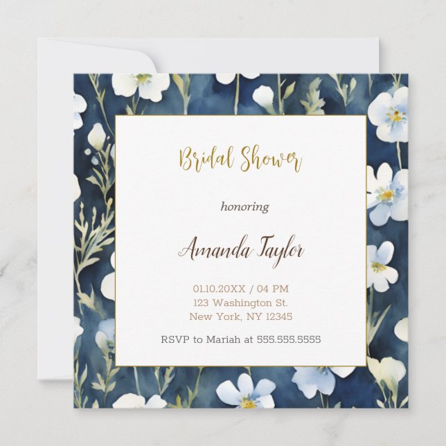 White Blue Flowers Minimal Bridal Shower Card (Front)