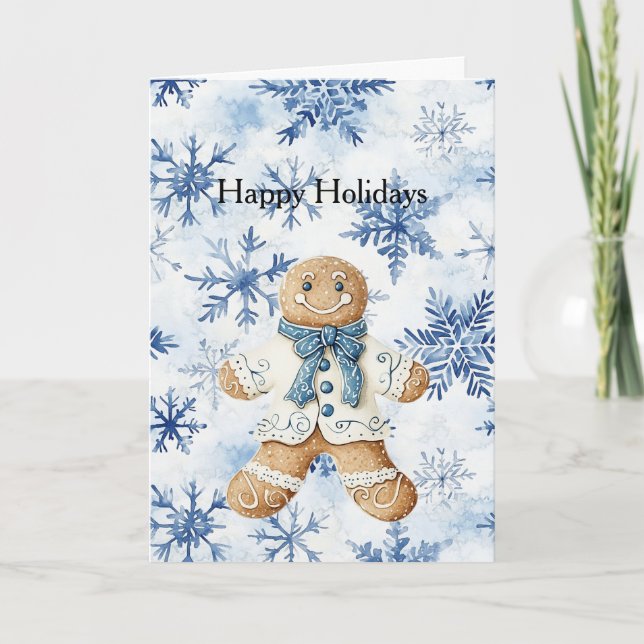 White Blue Gingerbread Man Cookie Christmas  Card (Front)