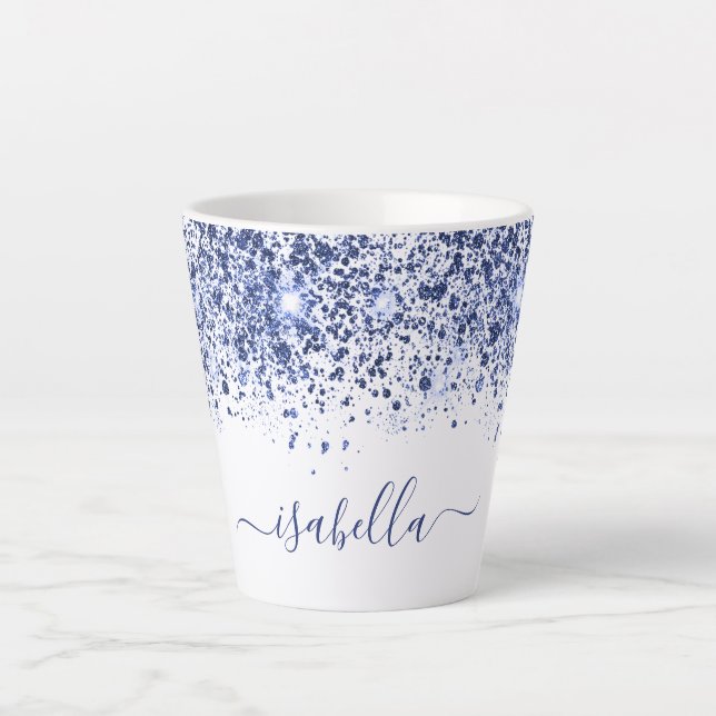 White blue glitter dust name script  latte mug (Front)
