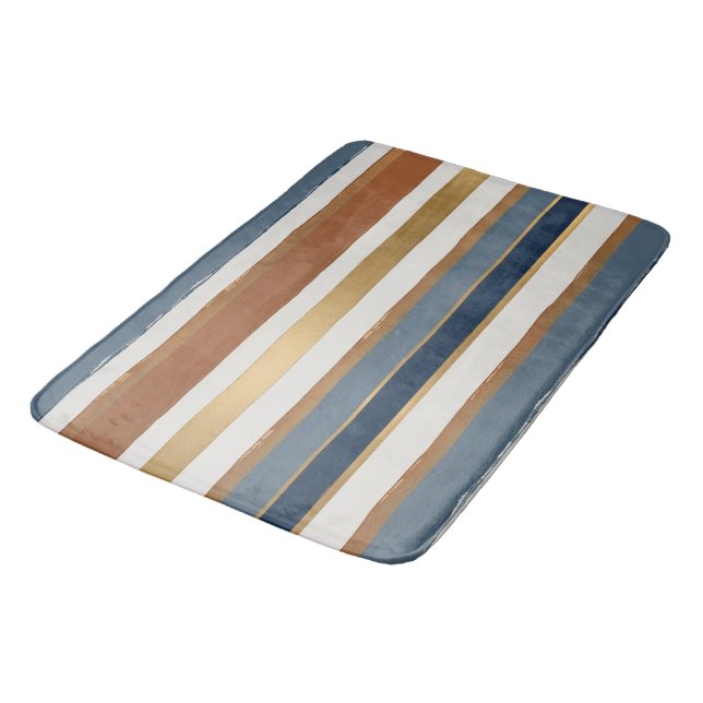 White blue gold and copper horizontal stripes bath mat (Angled)