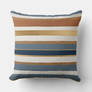 White blue gold and copper horizontal stripes throw pillow
