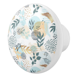 White blue gold botanical foliage pattern ceramic knob
