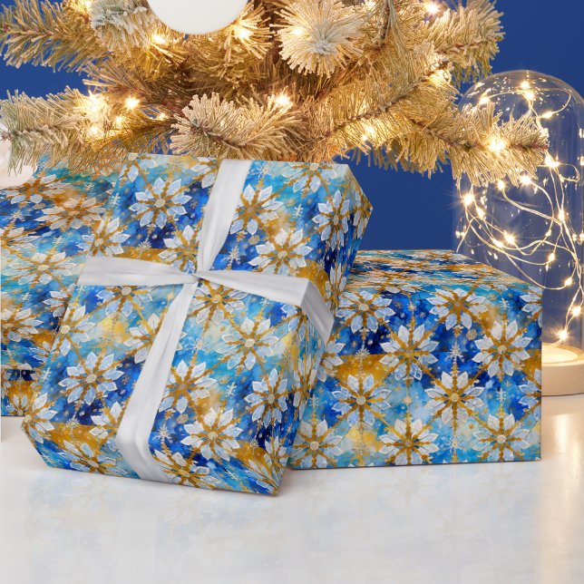 White Blue Gold Christmas Poinsettia Snowflakes Wrapping Paper (Holidays)