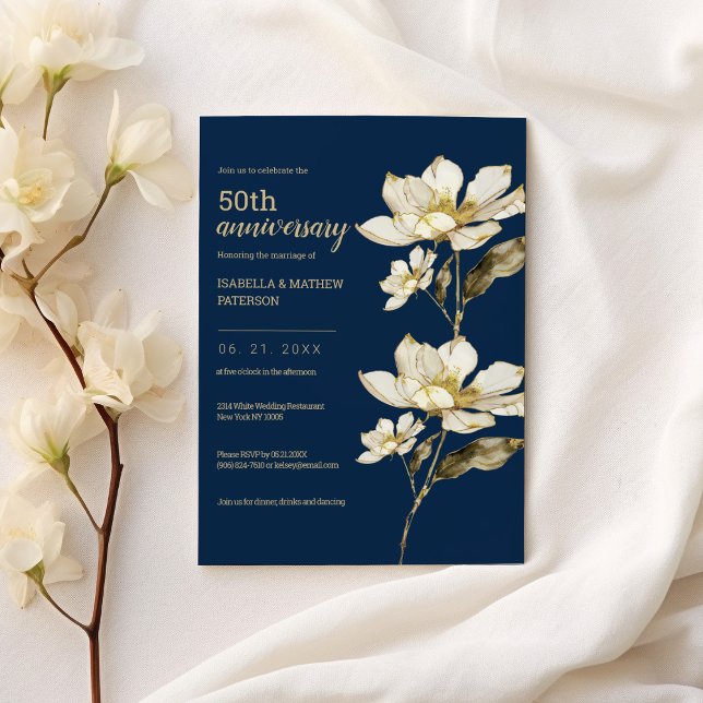 White blue gold floral 50th Wedding Anniversary  Invitation (White blue gold floral 50th Wedding Anniversary )