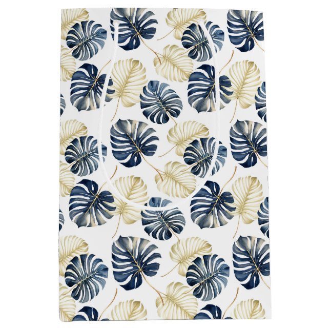 White Blue Gold Tropical Leaves Medium Gift Bag (Front)