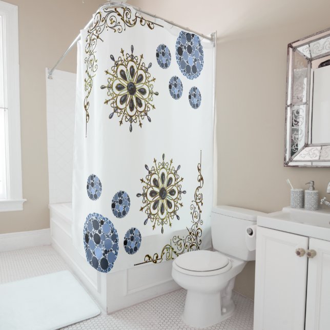 White blue gold victorian showercurtain (In Situ)