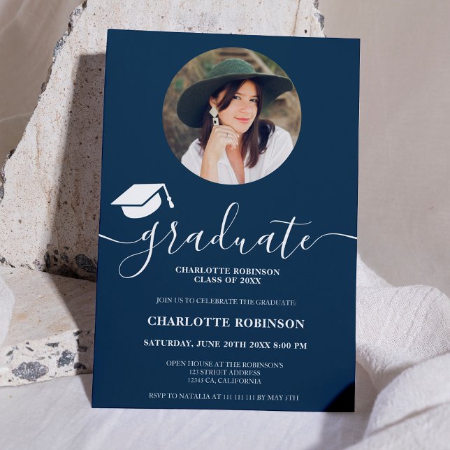 White blue graduate script photo graduation invitation (White blue graduate script photo graduation invitation)