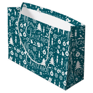 White Blue-Green Christmas Theme Pattern Large Gift Bag