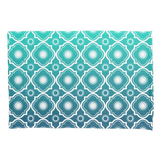 White & Blue Green Gradient Geometric Quatrefoil Pillowcase (Front)