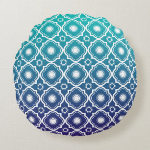 White & Blue Green Gradient Geometric Quatrefoil Round Pillow