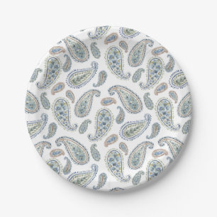 White Blue Green Paisley Watercolor Pattern Paper Plate