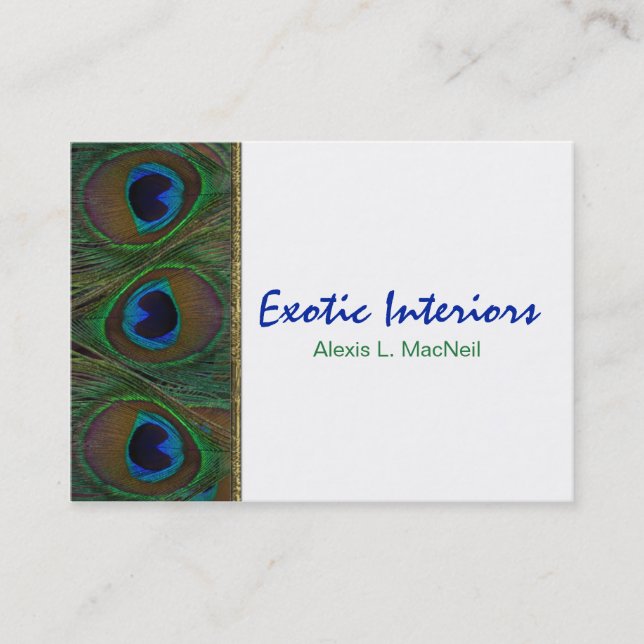 White, Blue, Green Peacock Feathers Business Card (Front)