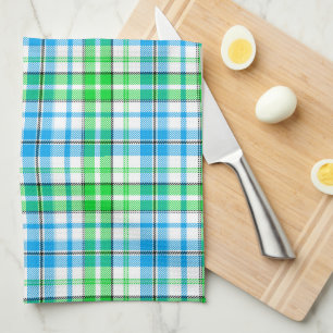 White Blue Green Plaid Tartan Design Kitchen Towel
