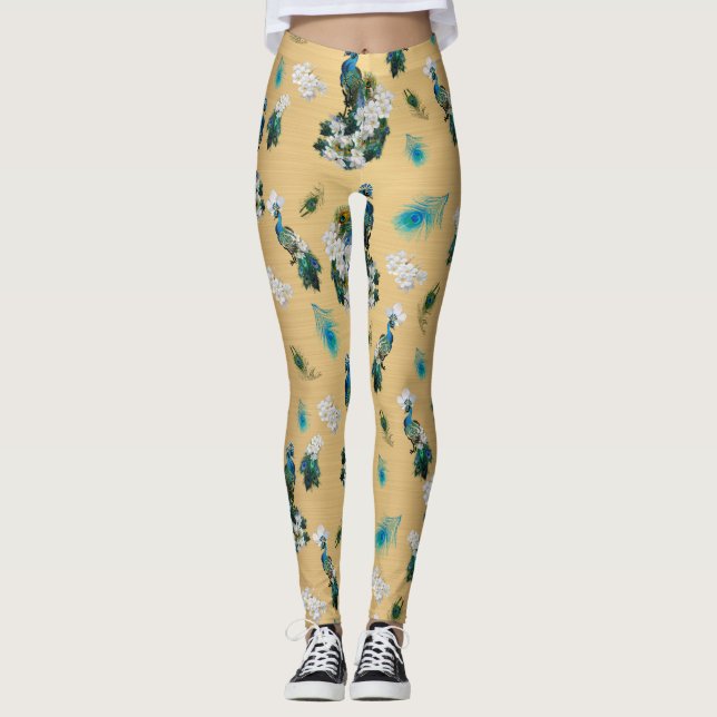 White & Blue-green Royal-Peacocks on Gold Leggings (Front)