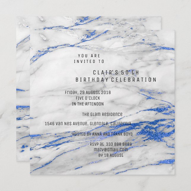 White Blue Grey Marble Minimal Birthday Party Invitation (Front/Back)