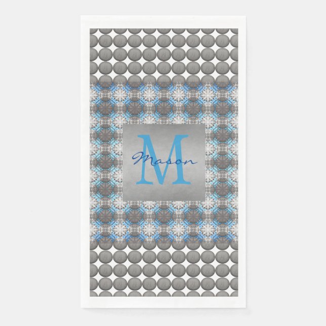 White, Blue & Grey Polka Dot Pattern Monogram Napkin (Front)