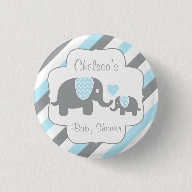 White, Blue & Grey Stripe Elephant Baby Boy Shower 1 Inch Round Button (Front)