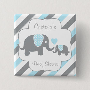 White, Blue & Grey Stripe Elephants Baby Shower 2 Inch Square Button
