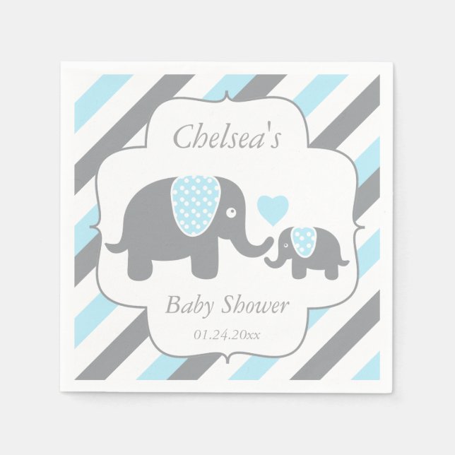 White, Blue & Grey Stripe Elephants Baby Shower Napkin (Front)