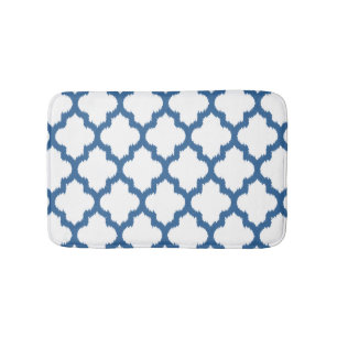 White & Blue Ikat Quatrefoil Geometric Pattern Bath Mat