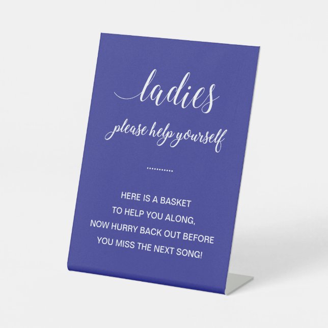 White Blue Ladies Bathroom Basket Items Wedding Pedestal Sign (Front)