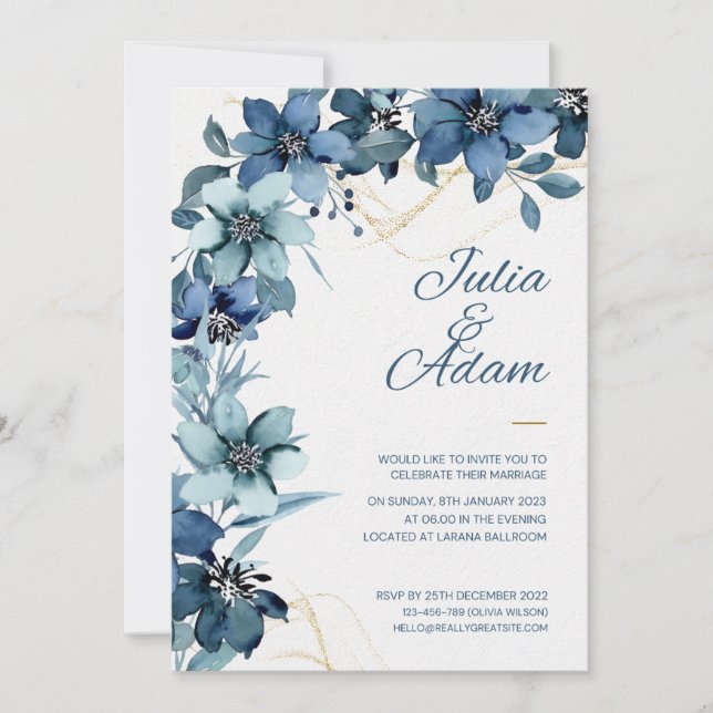 White & blue minimalist flower wedding Invitation (Front)