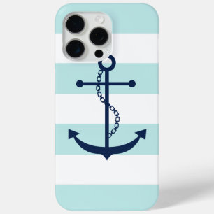 White Blue Mint Stripes Pattern Anchor iPhone 15 Pro Max Case