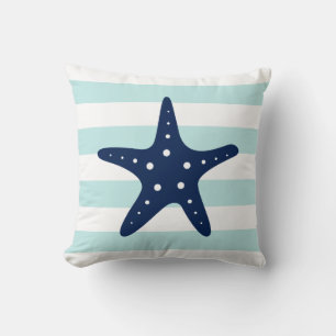White Blue & Mint Wide Stripes Pattern Starfish Throw Pillow