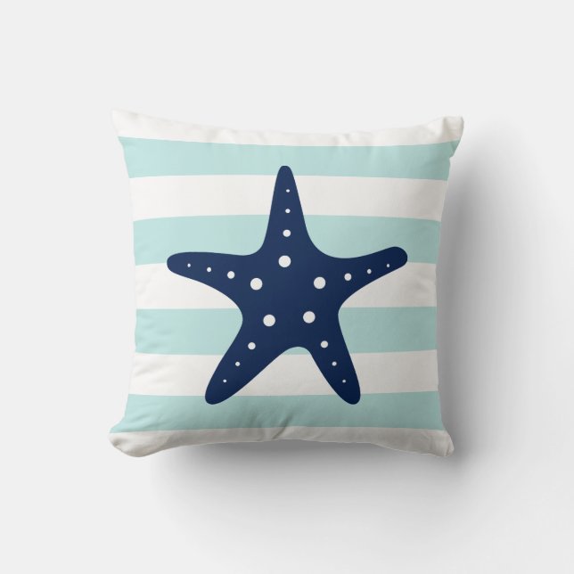 White Blue & Mint Wide Stripes Pattern Starfish Throw Pillow (Front)