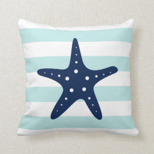 White Blue & Mint Wide Stripes Pattern Starfish Throw Pillow